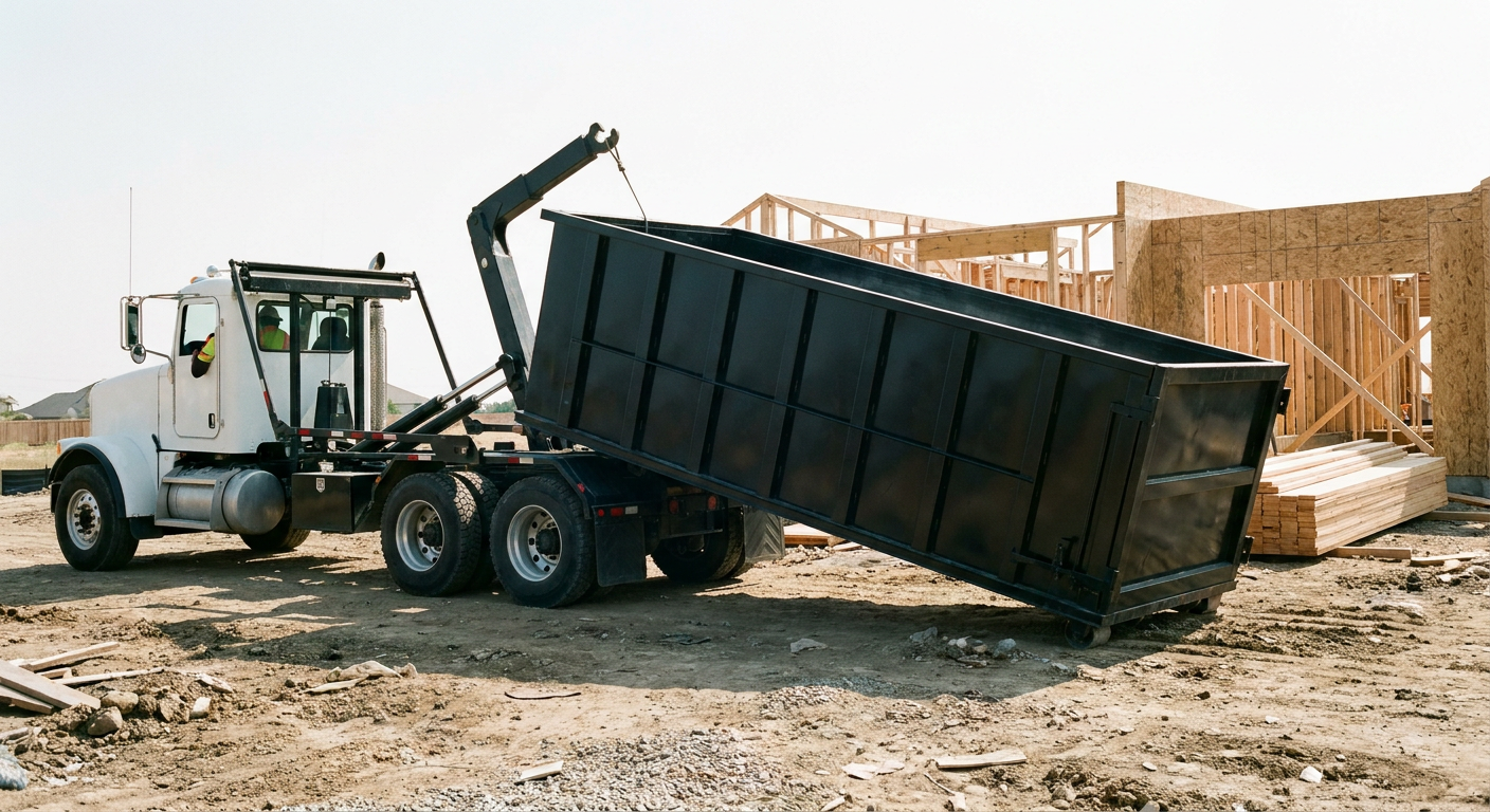 Matte-black roll-off dumpster being delivered onto a clean residential concrete driveway in Peoria by an unmarked white hooklift hauler truck, bright morning daylight, documentary 35mm perspective.