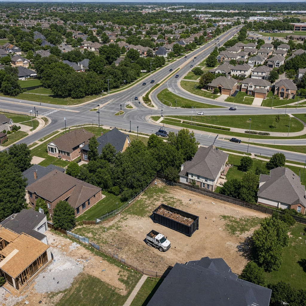 An overhead documentary view of the Peoria metro area at midday, showing the spread of neighborhoods, arterial roads, and the dispatch radius from a central yard — clean daylight, organized geographic layout.